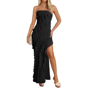 imageZESICA Womens 2025 Strapless Bodycon Dress Sexy Off Shoulder Mesh Tassel Ruffle Side Split Tube Party Maxi DressesBlack