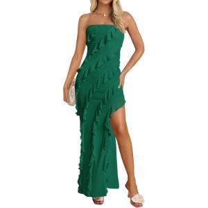 imageZESICA Womens 2025 Strapless Bodycon Dress Sexy Off Shoulder Mesh Tassel Ruffle Side Split Tube Party Maxi DressesDark Green