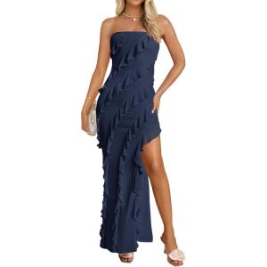 imageZESICA Womens 2025 Strapless Bodycon Dress Sexy Off Shoulder Mesh Tassel Ruffle Side Split Tube Party Maxi DressesNavy