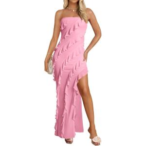 imageZESICA Womens 2025 Strapless Bodycon Dress Sexy Off Shoulder Mesh Tassel Ruffle Side Split Tube Party Maxi DressesPink