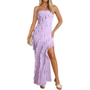 imageZESICA Womens 2025 Strapless Bodycon Dress Sexy Off Shoulder Mesh Tassel Ruffle Side Split Tube Party Maxi DressesPurple