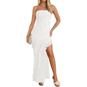 imageZESICA Womens 2025 Strapless Bodycon Dress Sexy Off Shoulder Mesh Tassel Ruffle Side Split Tube Party Maxi DressesWhite