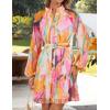 imageZESICA Womens Fall Floral Mini Dress 2025 Long Sleeve Button Down Chiffon A Line Flowy Short Shirt Dresses with BeltPink