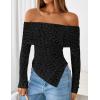 imageZESICA Womens Fall Floral Off Shoulder Tops 2025 Mesh Long Sleeve Shirts Asymmetrical Ruched Tee Blouses Trendy OutfitsBlack