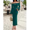 imageZESICA Womens Fall Off Shoulder Sweater Dress 2025 Bell Long Sleeve Ribbed Knit Bodycon Formal Maxi DressesDarkgreen