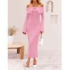 imageZESICA Womens Fall Off Shoulder Sweater Dress 2025 Bell Long Sleeve Ribbed Knit Bodycon Formal Maxi DressesPink