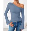 imageZESICA Womens Off Shoulder Tops Bell Long Sleeve Shirts 2025 Fall Trendy Going Out Ruched Tight Fitted Y2K ClothesBlue