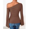 imageZESICA Womens Off Shoulder Tops Bell Long Sleeve Shirts 2025 Fall Trendy Going Out Ruched Tight Fitted Y2K ClothesBrown