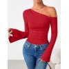 imageZESICA Womens Off Shoulder Tops Bell Long Sleeve Shirts 2025 Fall Trendy Going Out Ruched Tight Fitted Y2K ClothesRed