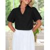 imageZESICA Womens Summer Short Puff Sleeve Shirts 2025 V Neck Casual Hollow Out Lace Embroidered Blouse TopsBlack