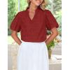 imageZESICA Womens Summer Short Puff Sleeve Shirts 2025 V Neck Casual Hollow Out Lace Embroidered Blouse TopsRed Brown