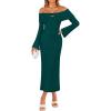imageZESICA Womens Fall Off Shoulder Sweater Dress 2025 Bell Long Sleeve Ribbed Knit Bodycon Formal Maxi DressesDarkgreen