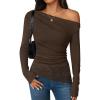 imageZESICA Womens Long Sleeve Off Shoulder Tops Fall 2025 Casual Boat Neck Lace Slim Fit Going Out Y2k Shirts BlousesCoffee