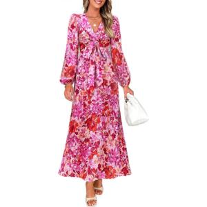 imageZESICA Fall Floral Dresses for Women 2025 Elegant Long Sleeve V Neck Mesh Cocktail Wedding Party Maxi DressPink
