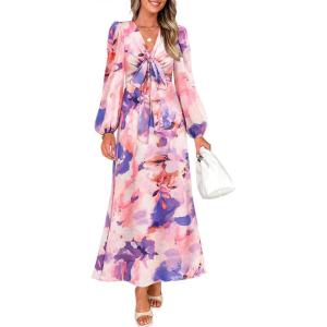 imageZESICA Fall Floral Dresses for Women 2025 Elegant Long Sleeve V Neck Mesh Cocktail Wedding Party Maxi DressPurple