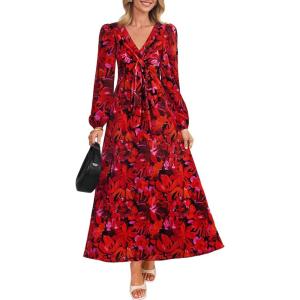 imageZESICA Fall Floral Dresses for Women 2025 Elegant Long Sleeve V Neck Mesh Cocktail Wedding Party Maxi DressRed