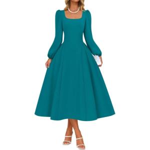 imageZESICA Womens Elegant Long Sleeve Cocktail Dresses 2025 Fall Square Neck A Line Flowy Wedding Guest Party DressTeal