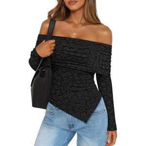 imageZESICA Womens Fall Floral Off Shoulder Tops 2025 Mesh Long Sleeve Shirts Asymmetrical Ruched Tee Blouses Trendy OutfitsBlack