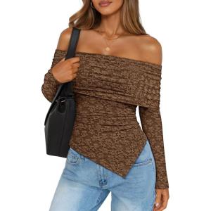 imageZESICA Womens Fall Floral Off Shoulder Tops 2025 Mesh Long Sleeve Shirts Asymmetrical Ruched Tee Blouses Trendy OutfitsCoffee