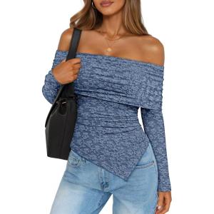 imageZESICA Womens Fall Floral Off Shoulder Tops 2025 Mesh Long Sleeve Shirts Asymmetrical Ruched Tee Blouses Trendy OutfitsDustyblue