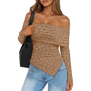 imageZESICA Womens Fall Floral Off Shoulder Tops 2025 Mesh Long Sleeve Shirts Asymmetrical Ruched Tee Blouses Trendy OutfitsKhaki