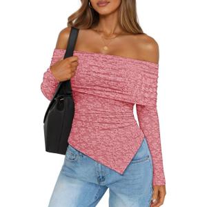 imageZESICA Womens Fall Floral Off Shoulder Tops 2025 Mesh Long Sleeve Shirts Asymmetrical Ruched Tee Blouses Trendy OutfitsPink