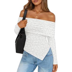 imageZESICA Womens Fall Floral Off Shoulder Tops 2025 Mesh Long Sleeve Shirts Asymmetrical Ruched Tee Blouses Trendy OutfitsWhite