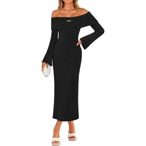 imageZESICA Womens Fall Off Shoulder Sweater Dress 2025 Bell Long Sleeve Ribbed Knit Bodycon Formal Maxi DressesBlack
