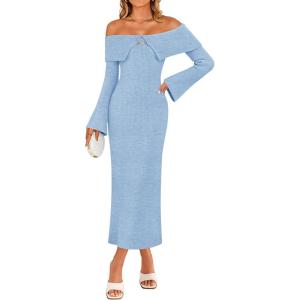 imageZESICA Womens Fall Off Shoulder Sweater Dress 2025 Bell Long Sleeve Ribbed Knit Bodycon Formal Maxi DressesBlue