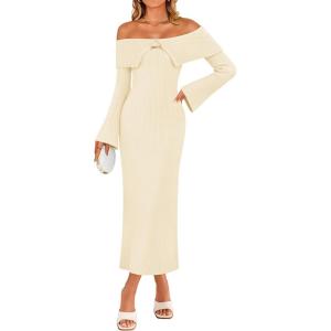 imageZESICA Womens Fall Off Shoulder Sweater Dress 2025 Bell Long Sleeve Ribbed Knit Bodycon Formal Maxi DressesCream