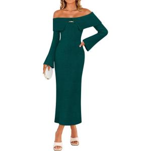 imageZESICA Womens Fall Off Shoulder Sweater Dress 2025 Bell Long Sleeve Ribbed Knit Bodycon Formal Maxi DressesDarkgreen