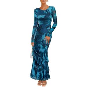 imageZESICA Womens Floral Bodycon Maxi Dresses 2025 Fall Boho Long Sleeve Mesh Ruffle Mermaid Wedding Cocktail Party DressBlue