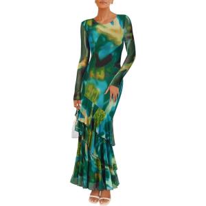 imageZESICA Womens Floral Bodycon Maxi Dresses 2025 Fall Boho Long Sleeve Mesh Ruffle Mermaid Wedding Cocktail Party DressGreen