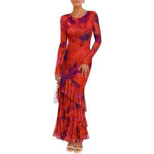 imageZESICA Womens Floral Bodycon Maxi Dresses 2025 Fall Boho Long Sleeve Mesh Ruffle Mermaid Wedding Cocktail Party DressOrangered