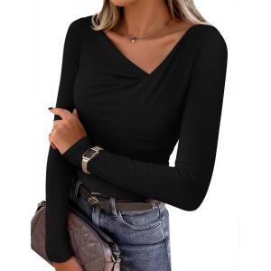 imageZESICA Womens Long Sleeve Asymmetrical Neck Ruched Slim Fit Shirts 2025 Fall Fashion Casual Tee Going Out TopsBlack