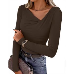 imageZESICA Womens Long Sleeve Asymmetrical Neck Ruched Slim Fit Shirts 2025 Fall Fashion Casual Tee Going Out TopsCoffee Brown