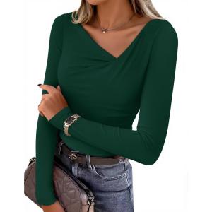 imageZESICA Womens Long Sleeve Asymmetrical Neck Ruched Slim Fit Shirts 2025 Fall Fashion Casual Tee Going Out TopsGreen