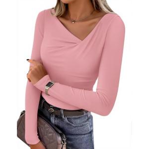 imageZESICA Womens Long Sleeve Asymmetrical Neck Ruched Slim Fit Shirts 2025 Fall Fashion Casual Tee Going Out TopsPink