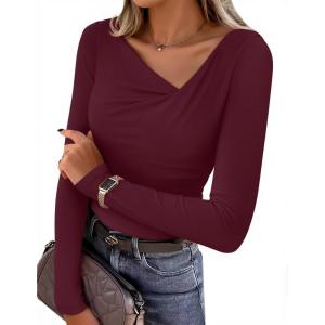 imageZESICA Womens Long Sleeve Asymmetrical Neck Ruched Slim Fit Shirts 2025 Fall Fashion Casual Tee Going Out TopsWine Red