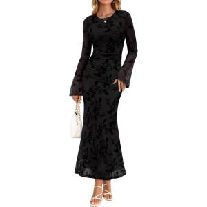 imageZESICA Womens Long Sleeve Floral Bodycon Dress 2025 Fall Fashion Ruched Mesh Wedding Guest Cocktail Party Maxi DressesBlack