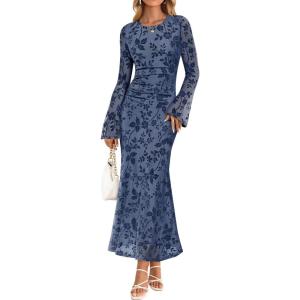 imageZESICA Womens Long Sleeve Floral Bodycon Dress 2025 Fall Fashion Ruched Mesh Wedding Guest Cocktail Party Maxi DressesDusty Blue