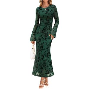 imageZESICA Womens Long Sleeve Floral Bodycon Dress 2025 Fall Fashion Ruched Mesh Wedding Guest Cocktail Party Maxi DressesGreen