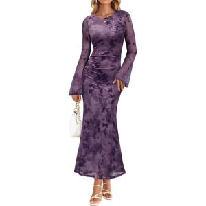 imageZESICA Womens Long Sleeve Floral Bodycon Dress 2025 Fall Fashion Ruched Mesh Wedding Guest Cocktail Party Maxi DressesTie Dye Purple