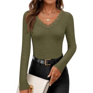 imageZESICA Womens Long Sleeve Lace V Neck Shirts 2025 Fall Fashion Slim Fit Tops Ribbed Knit Dressy Business Casual BlousesArmy Green