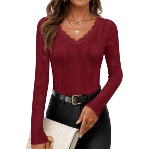imageZESICA Womens Long Sleeve Lace V Neck Shirts 2025 Fall Fashion Slim Fit Tops Ribbed Knit Dressy Business Casual BlousesWine Red