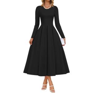 imageZESICA Womens Long Sleeve Midi Dresses 2025 Fall Elegant Crewneck Swing A Line Wedding Guest Party Dress with PocketsBlack