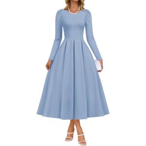 imageZESICA Womens Long Sleeve Midi Dresses 2025 Fall Elegant Crewneck Swing A Line Wedding Guest Party Dress with PocketsBlue