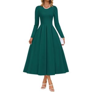 imageZESICA Womens Long Sleeve Midi Dresses 2025 Fall Elegant Crewneck Swing A Line Wedding Guest Party Dress with PocketsGreen