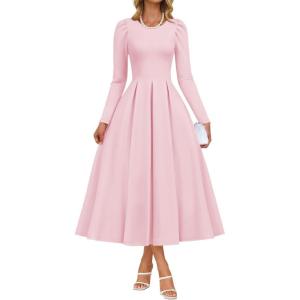 imageZESICA Womens Long Sleeve Midi Dresses 2025 Fall Elegant Crewneck Swing A Line Wedding Guest Party Dress with PocketsPink