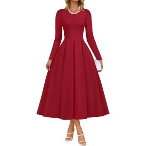 imageZESICA Womens Long Sleeve Midi Dresses 2025 Fall Elegant Crewneck Swing A Line Wedding Guest Party Dress with PocketsWine